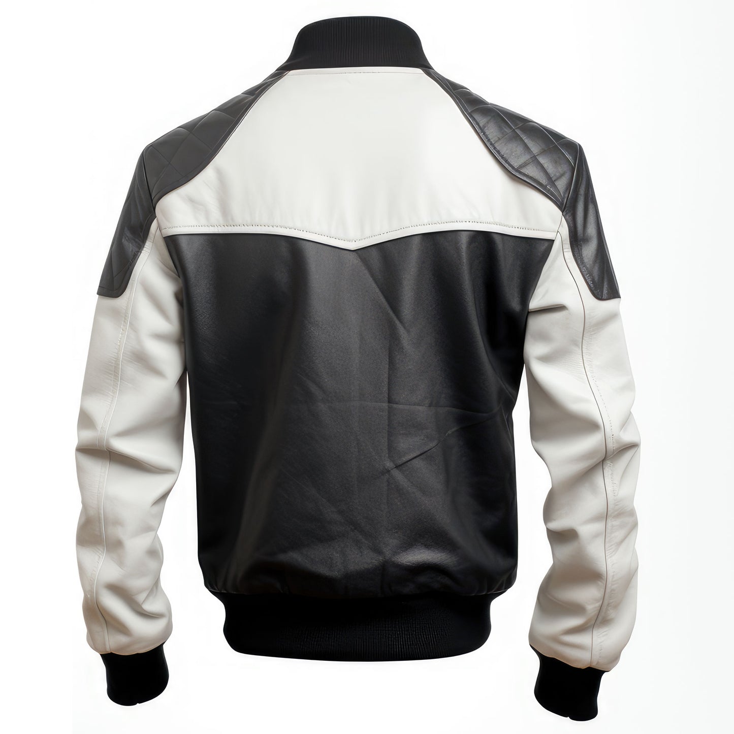 Mens Black White Varsity College Varsity Jackets Bomber Zipper Contrast Genuine Leather Jackets