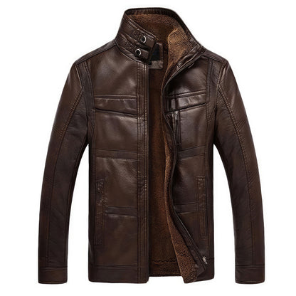 Mens Long Sleeve Stand Collar Faux Leather Fleece Lined Zip Warm Genuine Leather Jackets