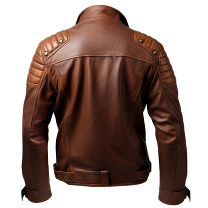 Mens Leather Biker Jacket Puffer Cafe Racer Slim Fit Zipper Pocket Moto Genuine Leather Jackets