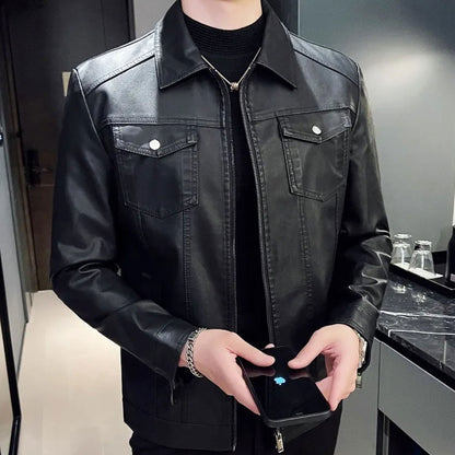 Mens Leather Jackets Motorcycle Coat Slim Business Zipper Genuine Leather Biker Tops Black Plush for Men