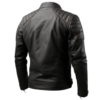 Mens Racer Leather Jacket Casual Motorcycle Sheepskin Coat Side Pockets Zipper Genuine Leather Jackets