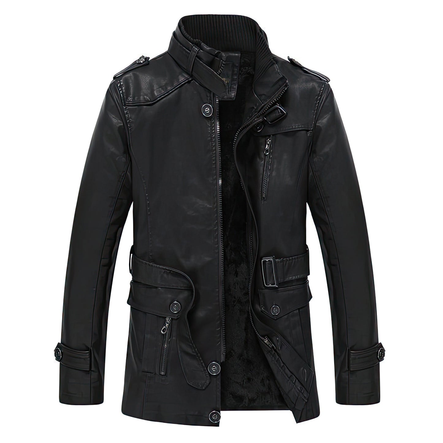 Mens Thickened And Plush Leather Jacket Middle-aged Casual Mid Length Warm Cotton Jacket Coat