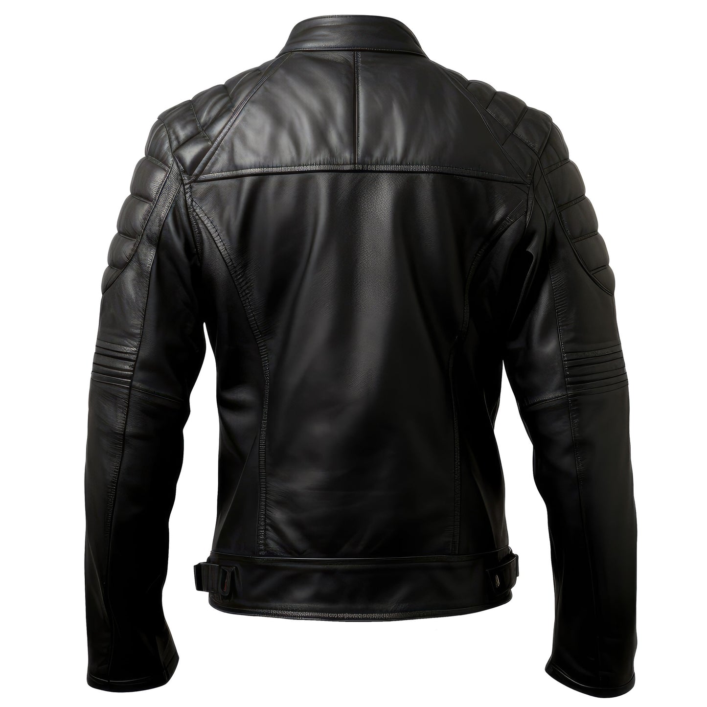 Mens Puffer Real Leather Biker Jacket Cafe Racer Fit Black Multi Zipper Pocket Moto Genuine Leather Jackets