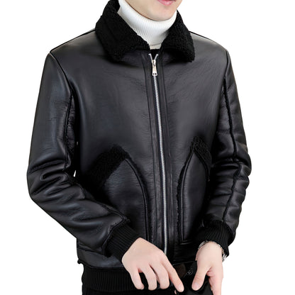 Mens Thickened and Warm Casual Leather Jacket Windproof Motorcycle Coat Winter Leather Fur Integrated Genuine Leather Jackets