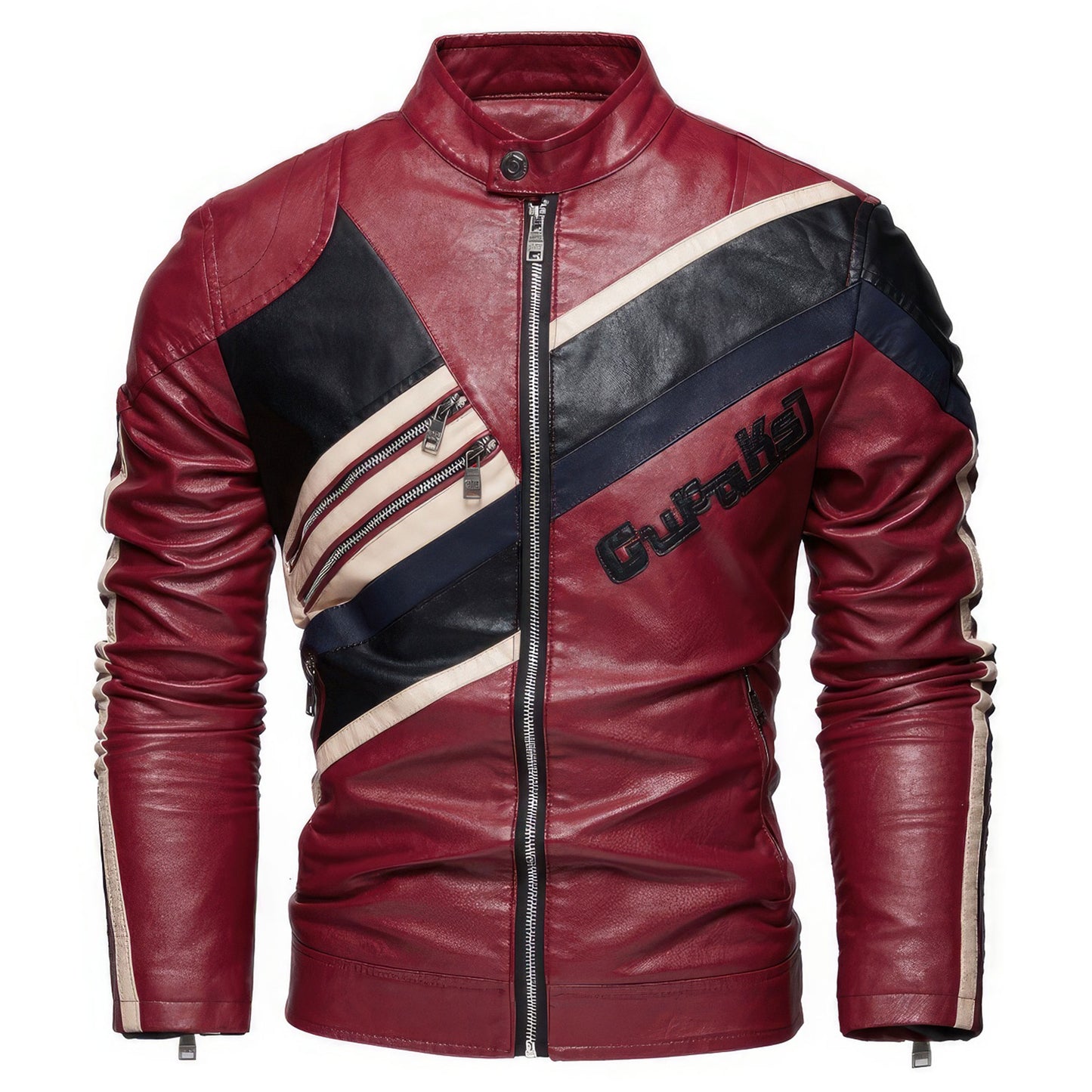 Mens Fleece Leather Jacket Casual Stand Collar Warm Coat Color Matching Men Biker Genuine Leather Jackets