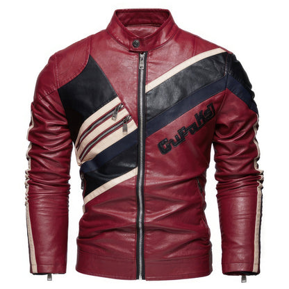 Mens Fleece Leather Jacket Casual Stand Collar Warm Coat Color Matching Men Biker Genuine Leather Jackets