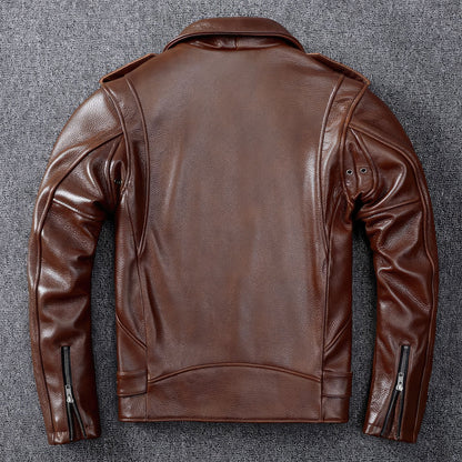 Mens Motorcycle Leather Jacket Suit First Layer Thick Cowhide Leather Jacket Slim-Fit Lapel Genuine Leather Jackets