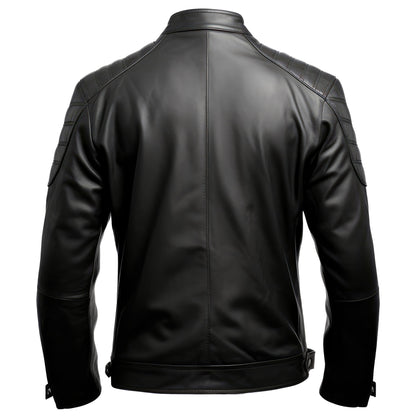 Mens Black Cafe Racer Casual Motorcycle Sheepskin Coat Multi Zipper Pockets Stand Collar Contrast Genuine Leather Jackets