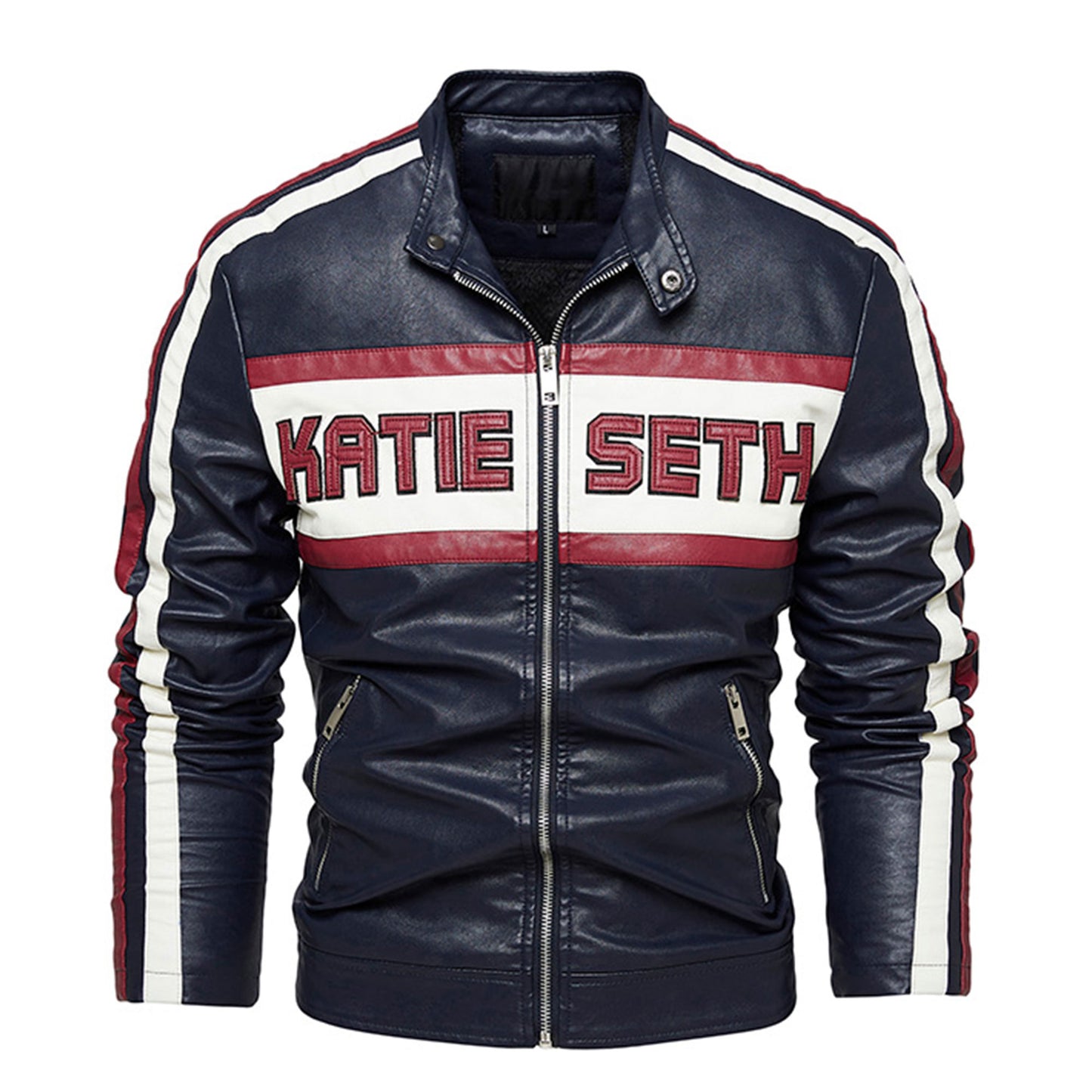 Men Coat Contrast Standing Collar Casual Motorcycle Jacket Windproof Warm Genuine Leather Jackets