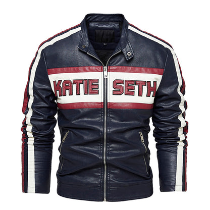 Men Coat Contrast Standing Collar Casual Motorcycle Jacket Windproof Warm Genuine Leather Jackets