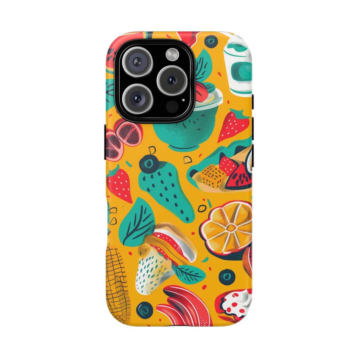 Food Paradise vibrant Colored Pattern iPhone 16 Pro Max Plus Case Wireless Charging Compatible Tough Cases Protection, Magnetic Phone Case for iPhone Classic Series