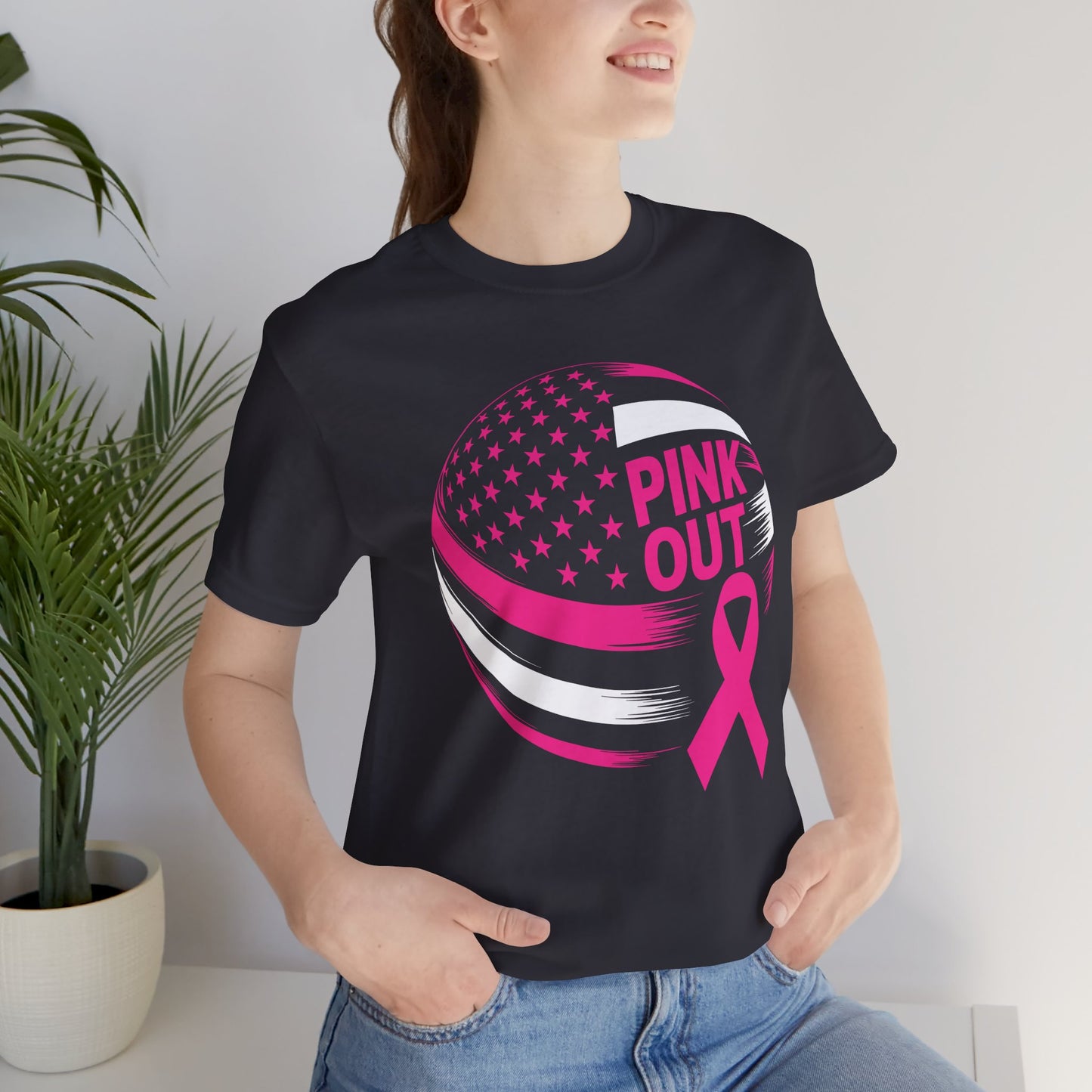 Volley Ball Pink Ribbon Breast Cancer Awearness USA Flag T-Shirt For Men Women