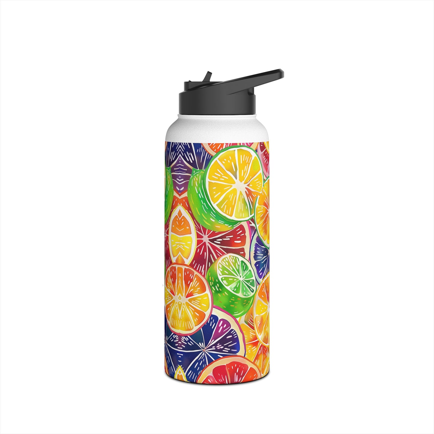 Citrus Burst Vibrant Pattern Stainless Steel Water Bottle with Twist-on Lid and Double-Wall Vacuum Insulation