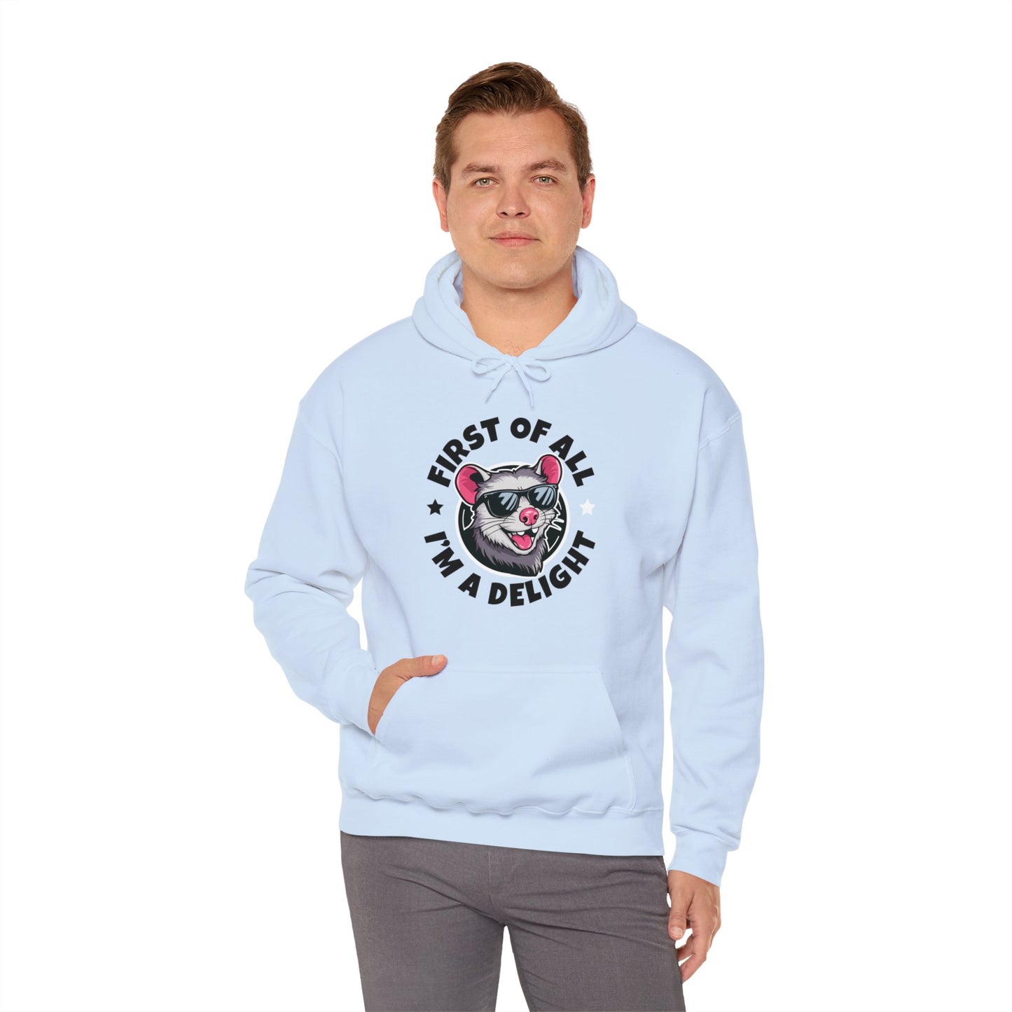 Funny First Of All I'm A Delight Sarcastic Angry Opossum Possum Hoodie For Men Women Hoodie