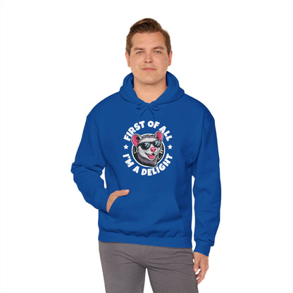 Funny First Of All I'm A Delight Sarcastic Angry Opossum Possum Hoodie For Men Women Hoodie