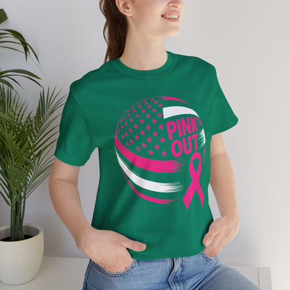 Volley Ball Pink Ribbon Breast Cancer Awearness USA Flag T-Shirt For Men Women