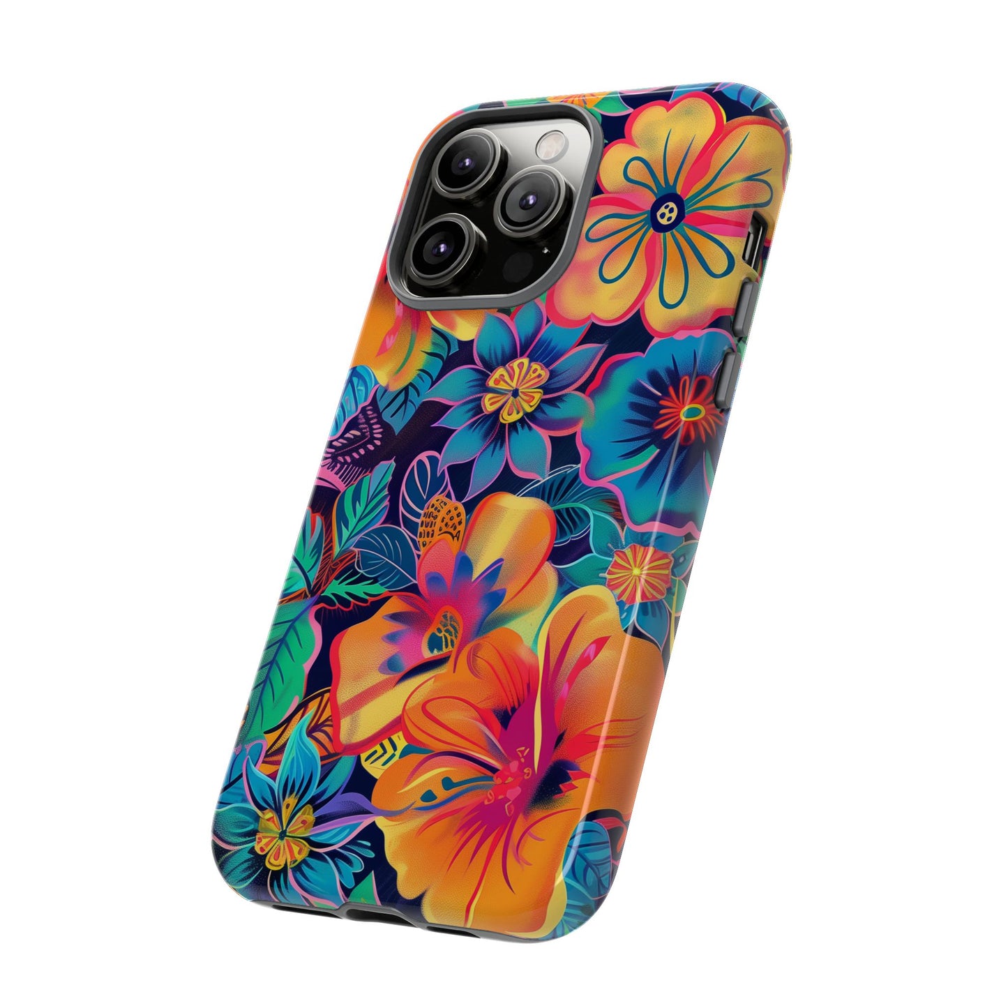 Floral Fiesta Vibrant Pattern iPhone 13 14 15 16 Pro Max Plus Case Wireless Charging Compatible Tough Cases Protection, Magnetic Phone Case for iPhone Classic Series