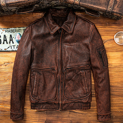 Vintage Red Brown Pilot Leather Jacket Military Natural Cowhide Aviation Genuine Leather Coat For Men