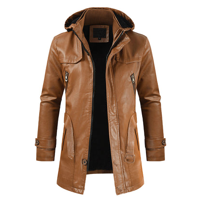 Men Solid Color Hooded Motorcycle Jackets Fashion Long Leather Coat Outerwear Fleece Leather Jacket