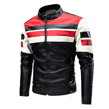 Mens Leather Jacket Motorcycle PU Stripe Stitching Punk Bike Windbreaker Bomber Thicken Coat Genuine Leather Jackets