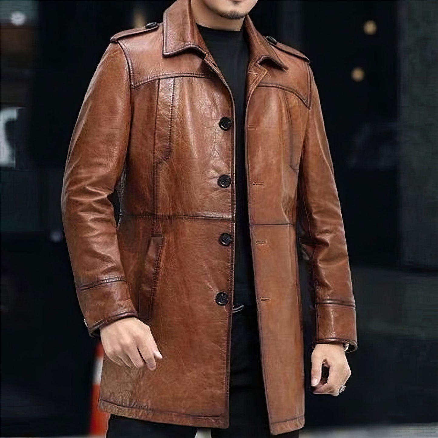 Mens Sheepskin Trench Genuine Leather Turn-Down Collar Single Business Casual Coat Autumn Outerwear