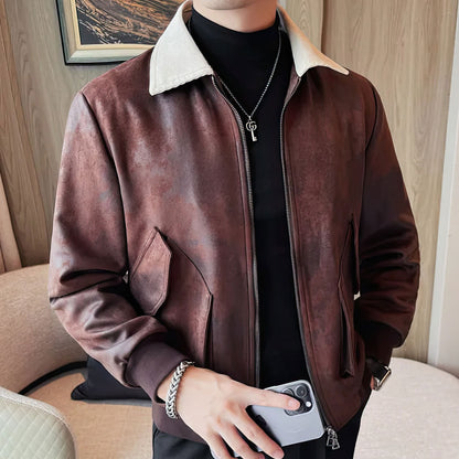 Men Lapel Motorcycle Jacket Handsome Slim Fit Casual Business Genuine Leather Jackets