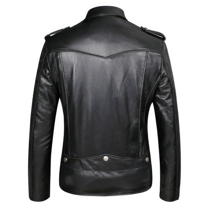 Men's Motorcycle Genuine Leather Sheepskin Coat Asymmetric Zipper Rider Genuine Leather Jackets