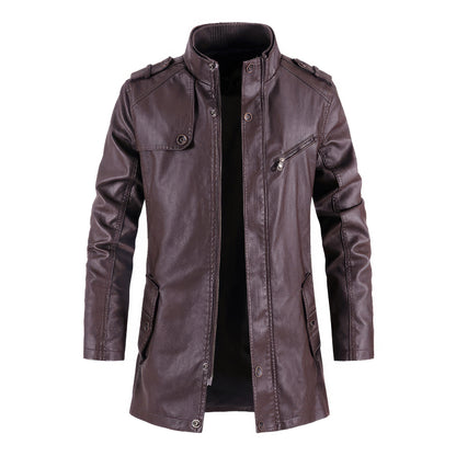 Men's Thick Leather Jackets Stand Collar Vintage Casual PU Outerwear Men Moto Biker Zipper Long Genuine Leather Jackets