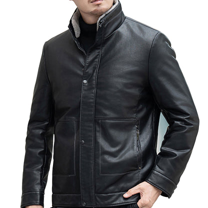 Mens Leather Jackets Standing Neck Down Solid Men's Cardigan Genuine Leather Jacket