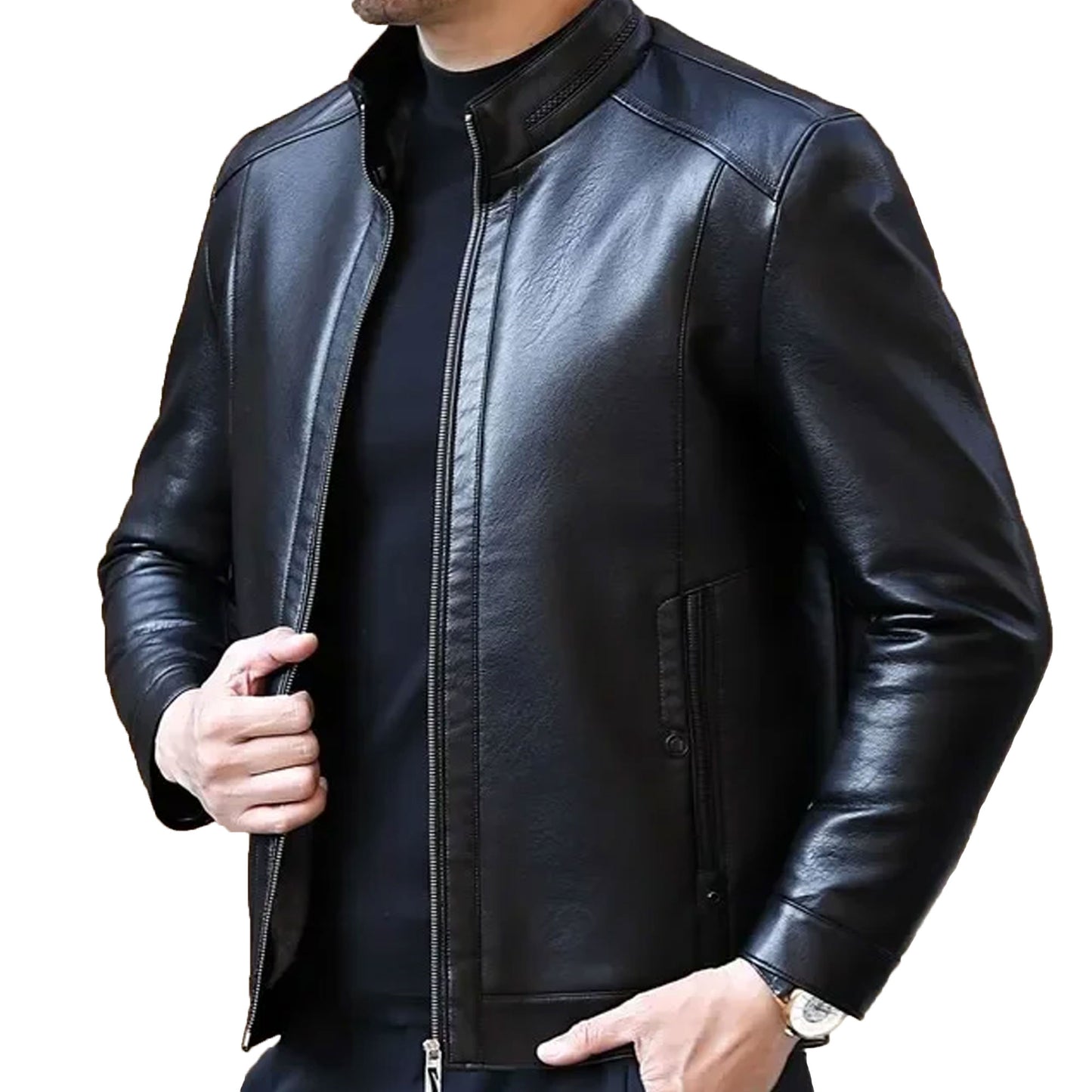 Men Velvet Fur Integrated Sheepskin Jacket Coat Standing Collar Leather Leather