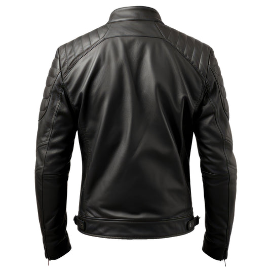 Mens Puffer Leather Biker Jacket Cafe Racer Fit Black Zipper Pocket Moto Genuine Leather Jackets