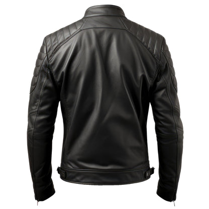 Mens Puffer Leather Biker Jacket Cafe Racer Fit Black Zipper Pocket Moto Genuine Leather Jackets