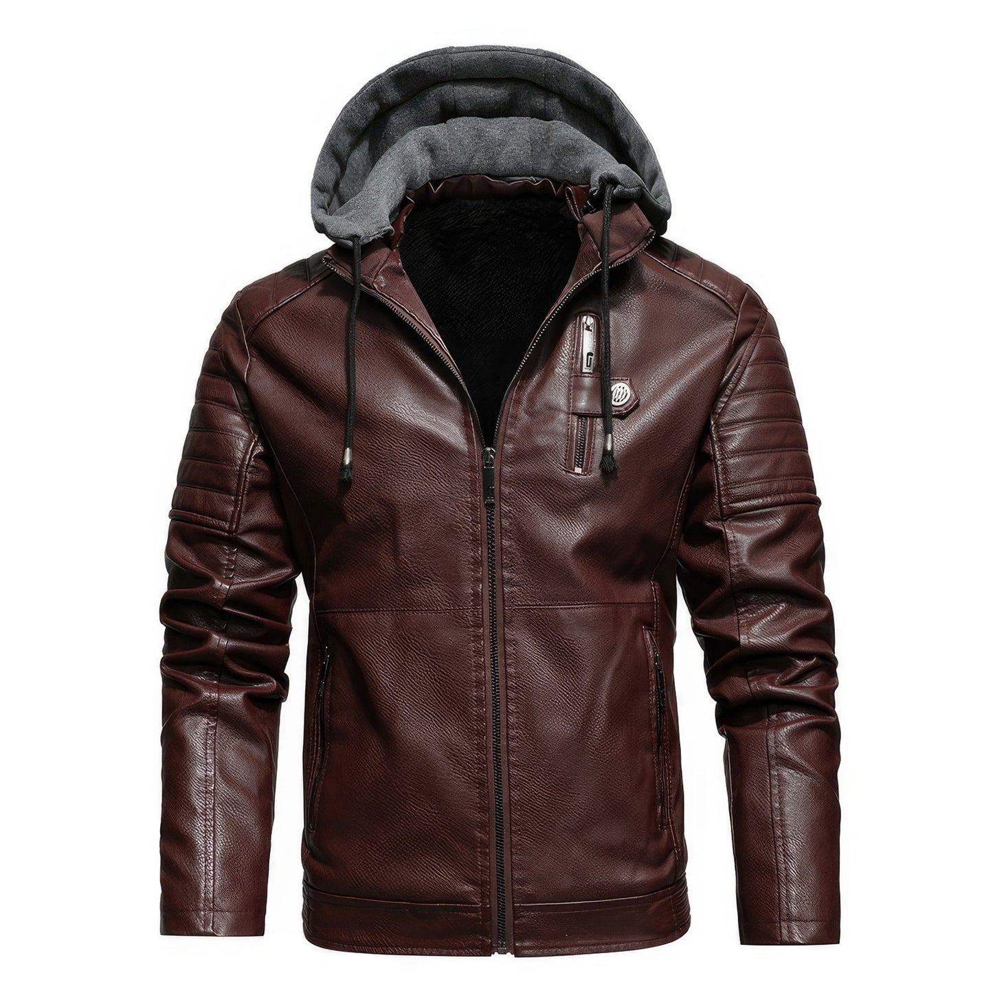 Men Hooded Leather Jackets Coats Slim Fit Motorcycle Leather Coats Mens Fleece Warm Genuine Leather Jackets