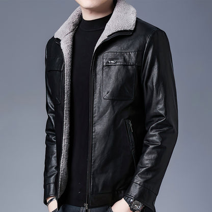 Men's Winter Velvet Business Leather Jacket Thick Warm Leather Coat Genuine Leather Jackets