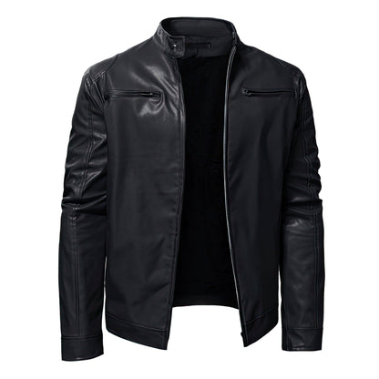 Mens Long Sleeve Stand Collar Faux Leather Fleece Lined Zip Warm Genuine Leather Jackets