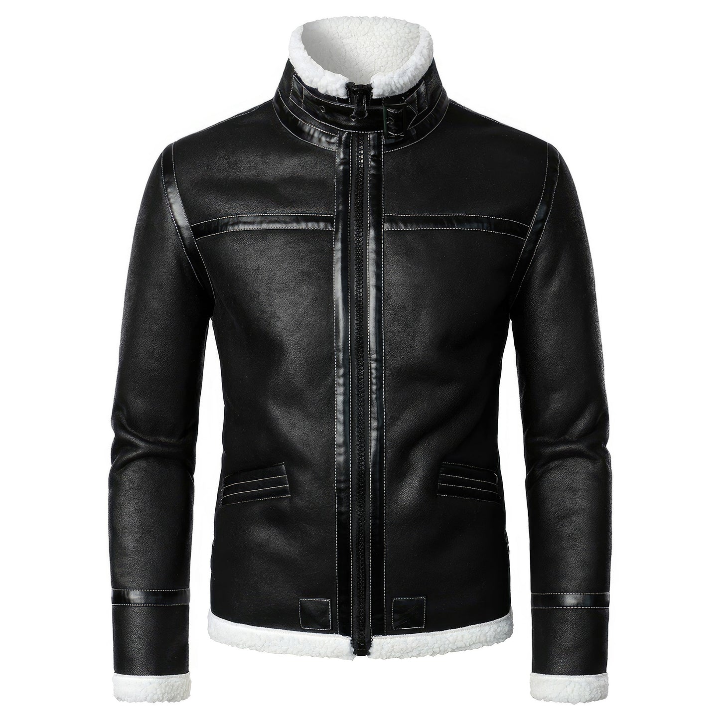 Mens Lambs Wool Jacket Casual Stand Collar Warm Thickening Biker Coat Genuine Leather Jackets