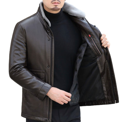 Mens Business Gentleman Zipper Leather Coat Genuine Leather  Windproof Jacket