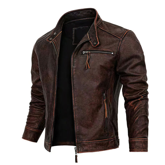 Men's Leather Motorcycle Stand Collar Retro Leather Coat Top Layer Cowhide Coat Genuine Leather Jackets