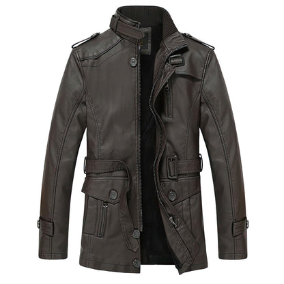 Mens Thickened And Plush Leather Jacket Middle-aged Casual Mid Length Warm Cotton Jacket Coat