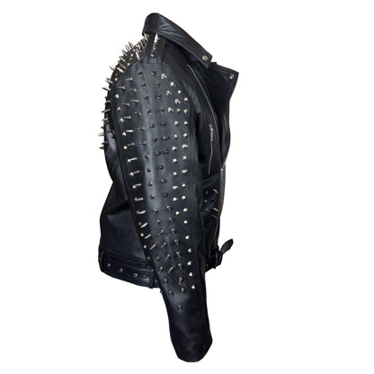 Mens Motorbike Jacket Rock Punk Spike Studded Motorcycle Biker Zipper Genuine Leather Jackets