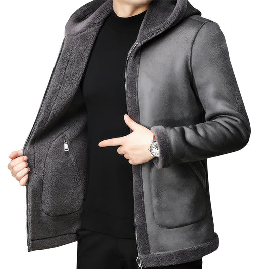 Mens Lamb Fleece Coat Fur One Men's and Fleece Fur Winter Coat Leather Jacket Men Reversible Pelleted Jacket