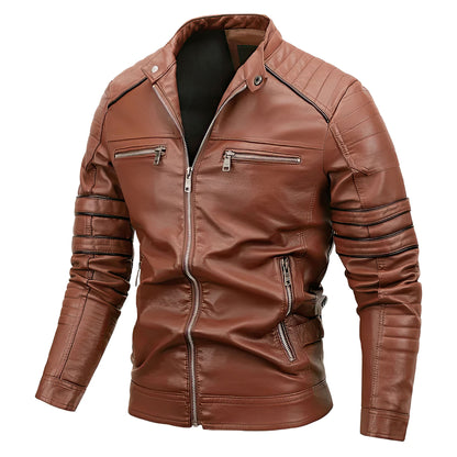 Mens Stand Collar Zipper Autumn Casual Slim Windbreaker Motorcycle Leather Jacket Tactics Coat Fleece Genuine Leather Jackets