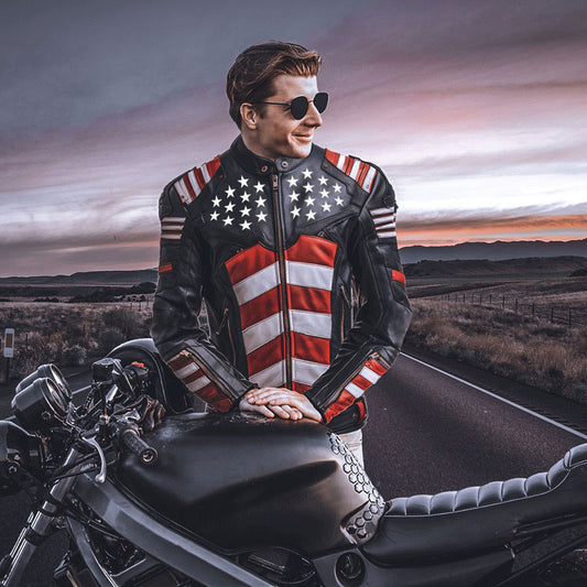 Mens Leather Jacket Inspired by American Flag USA Casual Motorcycle Zipper Coat With USA Flag Stitched Genuine Leather Jackets