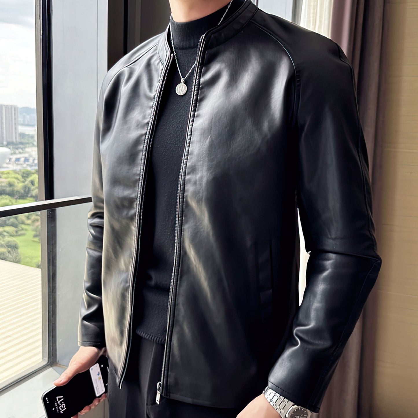 Men's Leather Stand Collar Jacket PU Slim Fit Coats Genuine Leather Jacket For Man
