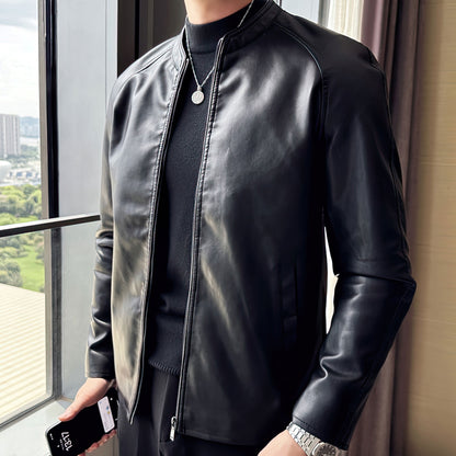 Men's Leather Stand Collar Jacket PU Slim Fit Coats Genuine Leather Jacket For Man