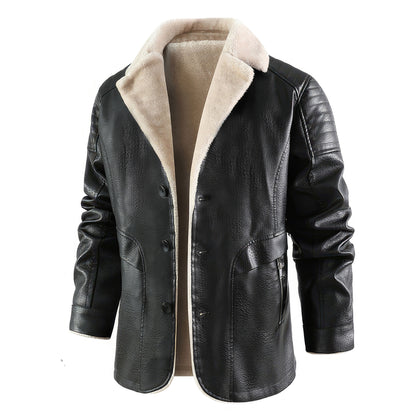 Men's Fashion Warm Winter Coat PU Leather Jacket Lapel Casual Plush Leather Velvet Fur Coat Genuine Leather Jackets