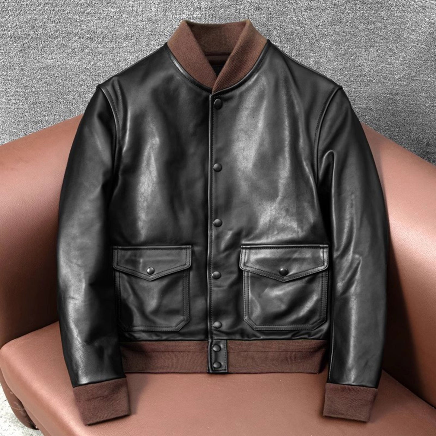 Mens Casual Thick Leather Coat Front Pockets A1 Bomber Genuine Leather Jackets