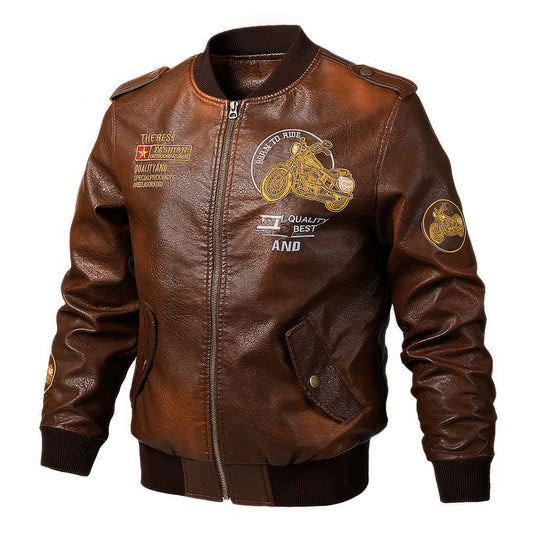 Men Motorcycle Casual Embroidered Retro Aviator Jacket Pu Jacket Warm Overcoat Genuine Leather Jackets