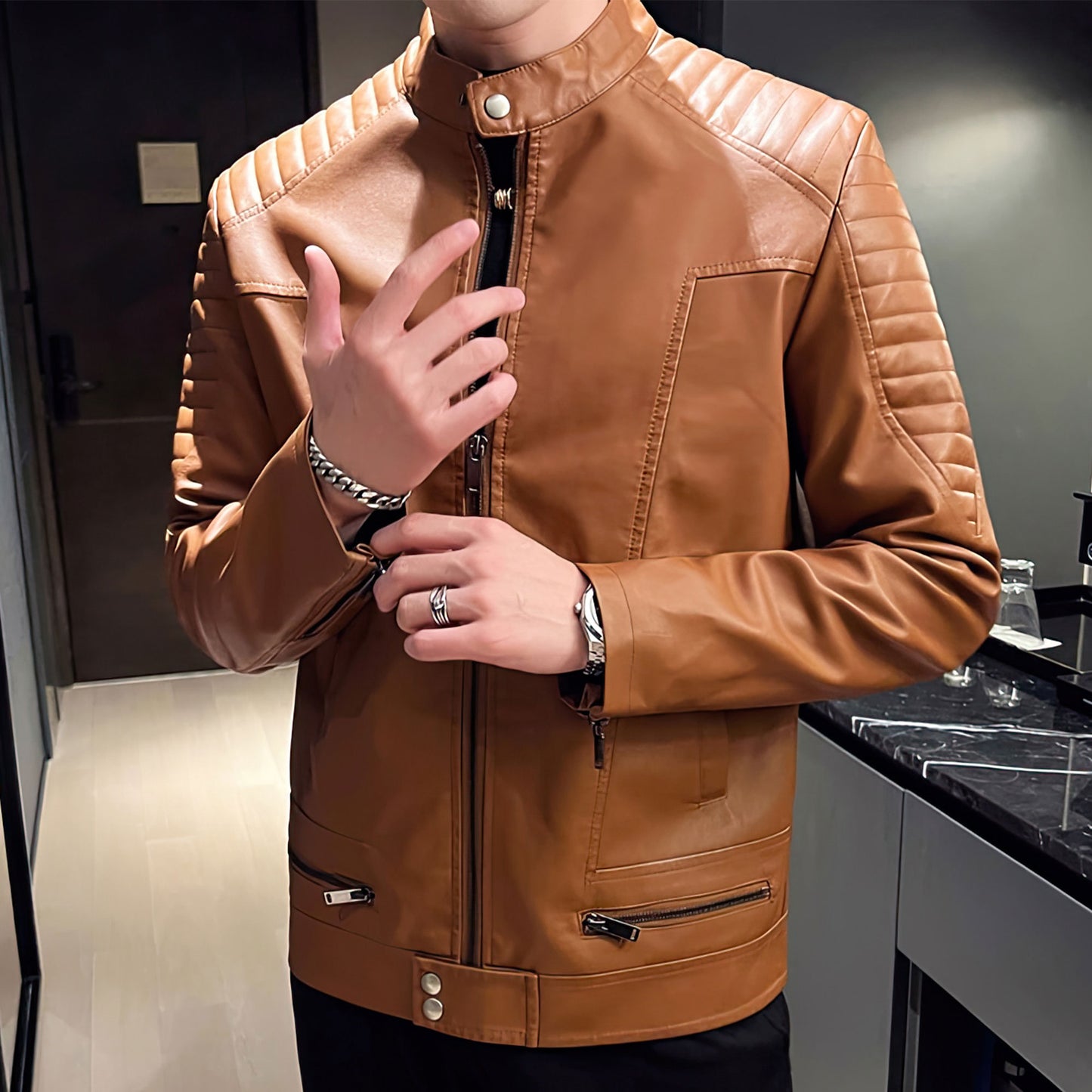 Men Solid Stand Collar Moto Biker Jackets Faux Leather Outerwear Mens Casual Motorcycle Coat Slim Fit Genuine Leather Jacket