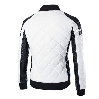 Men's Black and White Leather Fashion Diamond Jacket Big Yards Warm Genuine Leather Jackets